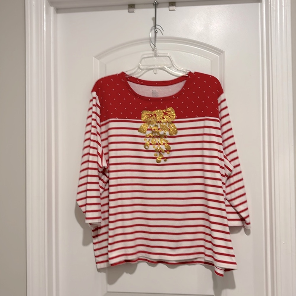 Kim Rogers Holiday Striped Tunic 3/4 sleeve top Gold glittery bow Design Soft 2X
